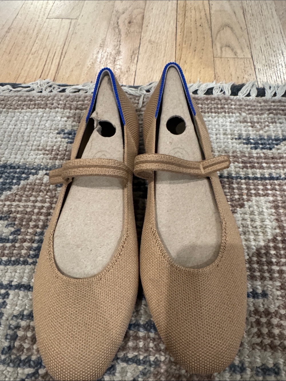 Rothy's Tan Mary Jane Flats with Blue Trim brand new